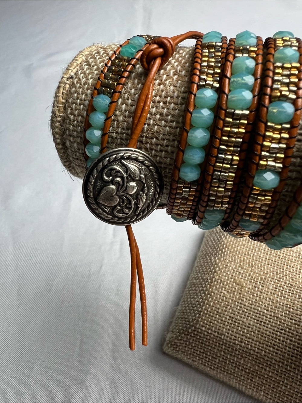 Multi Stranded Wrap Bracelet Turquoise Color Beads with Multi Color Metal Beads - Picture 4 of 7
